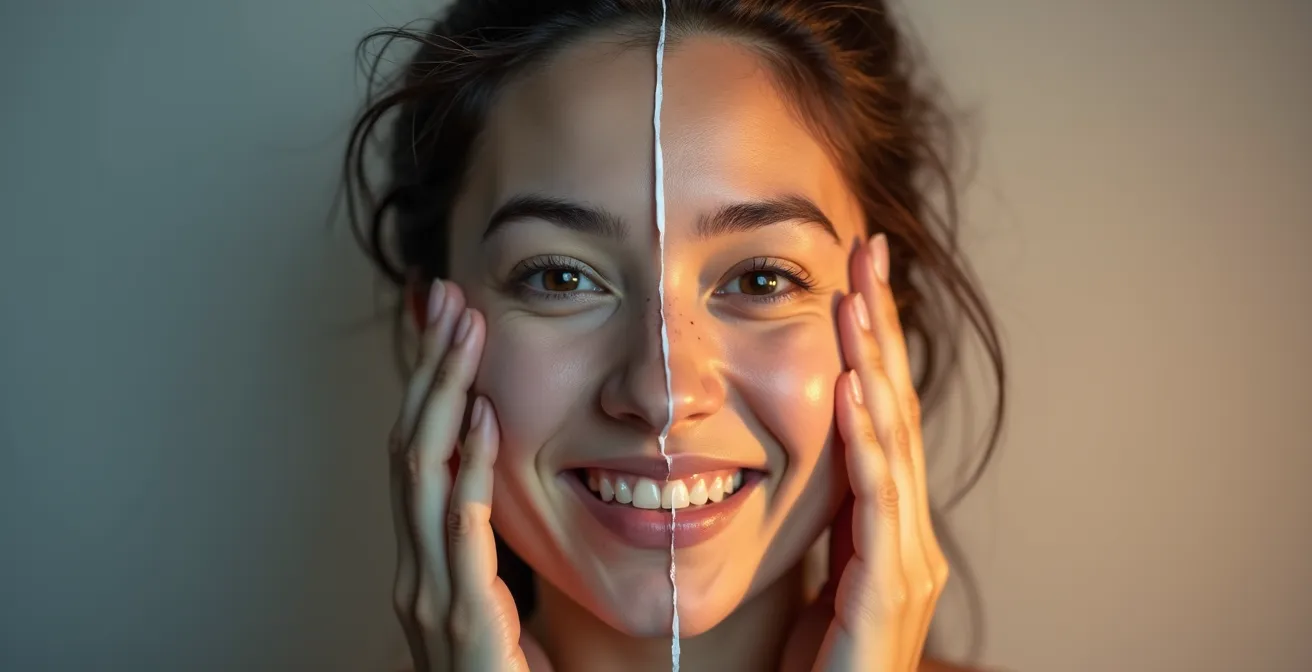 Passage d'un masque théâtral à une expression faciale authentique et libérée, dans un environnement minimaliste