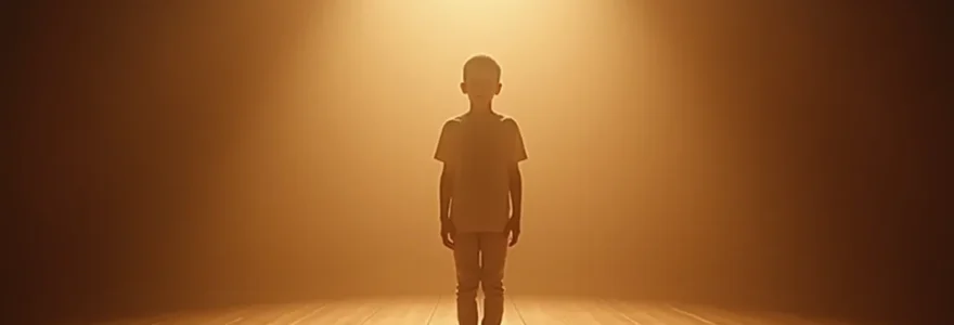 Un acteur timide progressant vers la confiance, sur une scène théâtrale minimaliste avec un éclairage doux