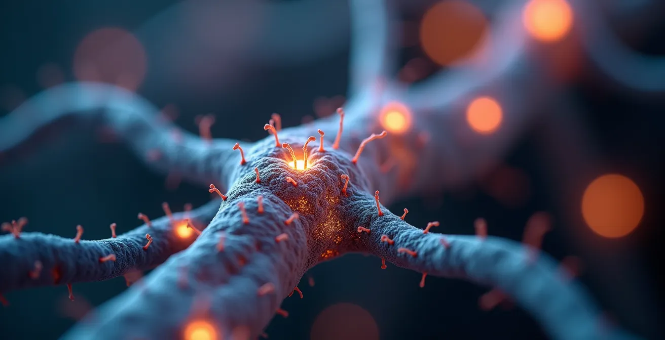 Détail en gros plan de connexions neuronales brillantes se formant progressivement, symbolisant la neuroplasticité