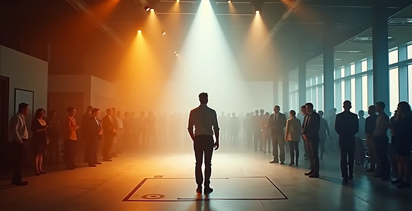 Transition progressive d'une scène théâtrale à des environnements de la vie réelle, montrant le transfert de compétences